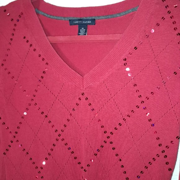 Tommy Hilfiger Women's XS Red Sparkle Sequin Argyle Vneck Sweater Holiday Y2K - Picture 7 of 9
